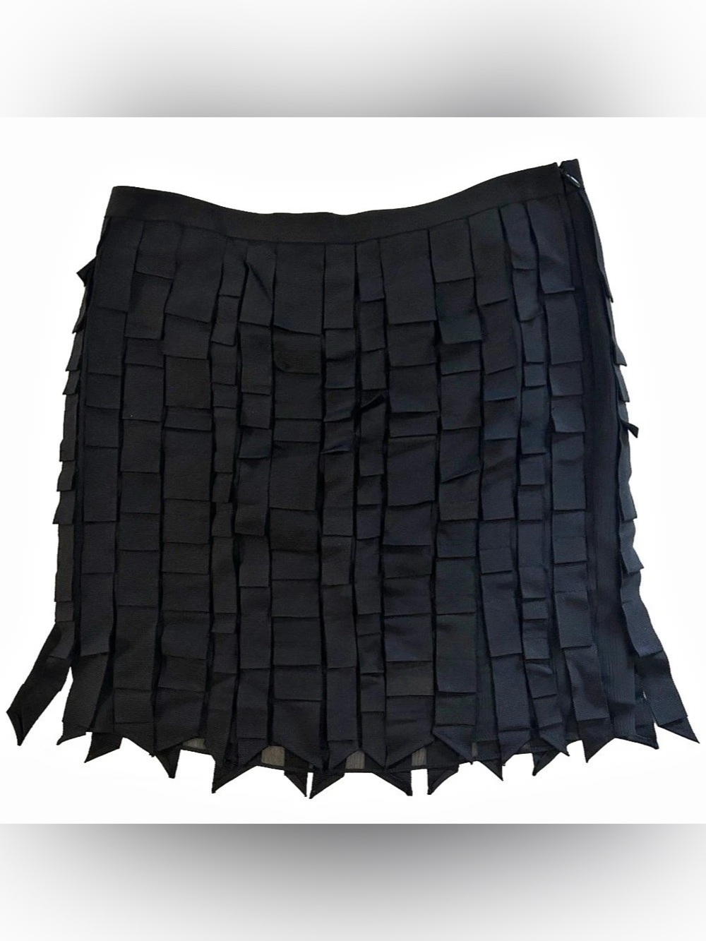 Ann Taylor Black Ribbon Fringe Mini Skirt Size 8 Office Siren Whimsigoth Goth